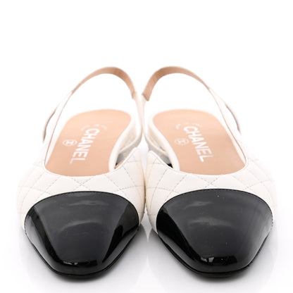 Chanel Lambskin Patent Quilted Cap Toe CC Slingback Flats 36 White Black 2 of 9