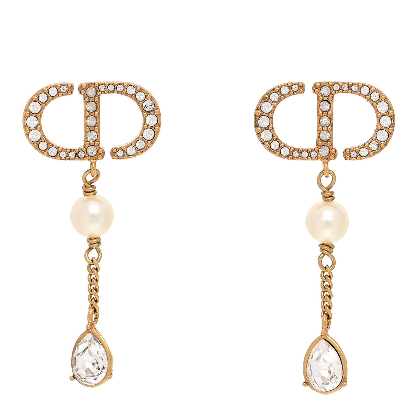 Pearl Crystal CD Drop Earrings Gold