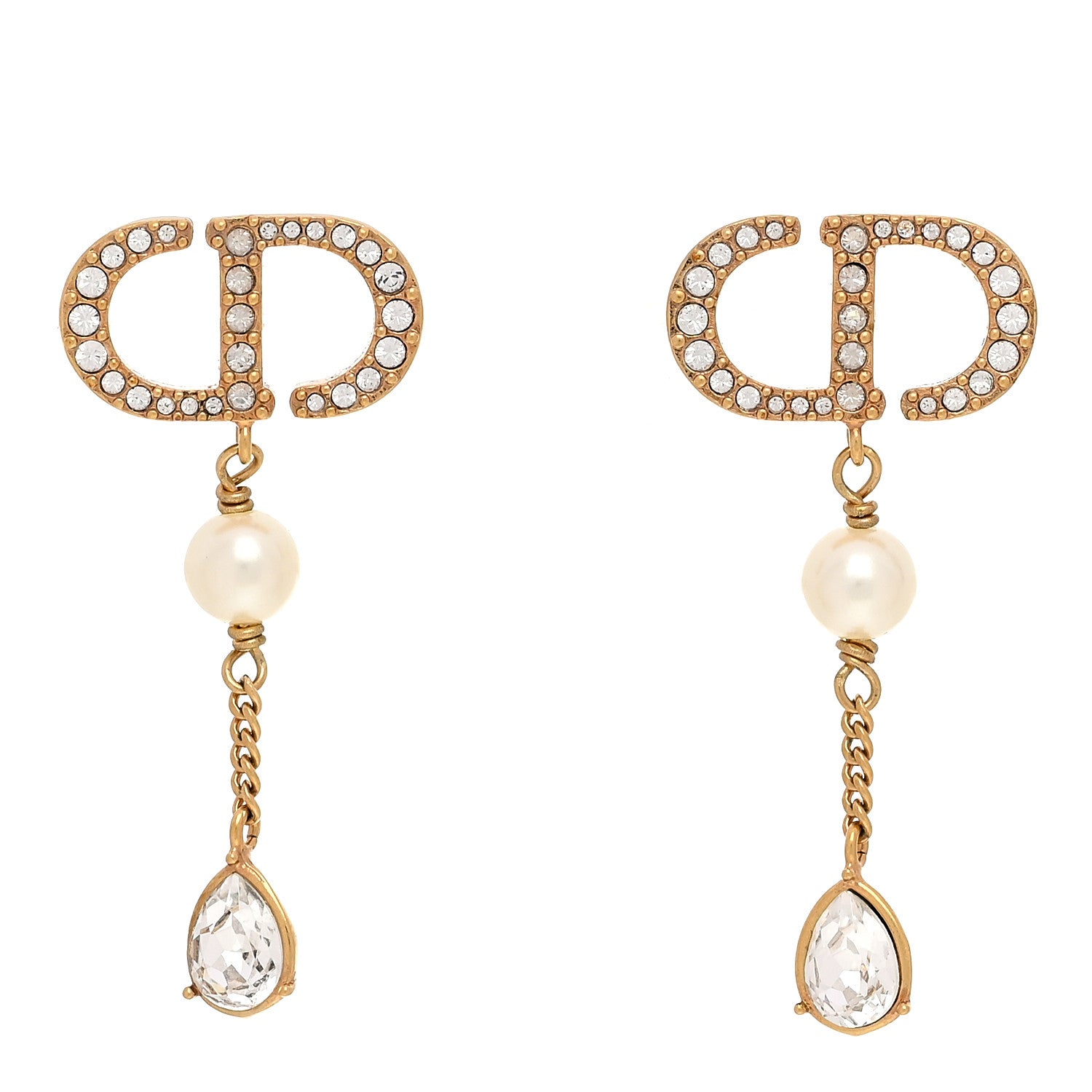 Christian Dior Pearl Crystal CD Drop Earrings Gold 1 of 4