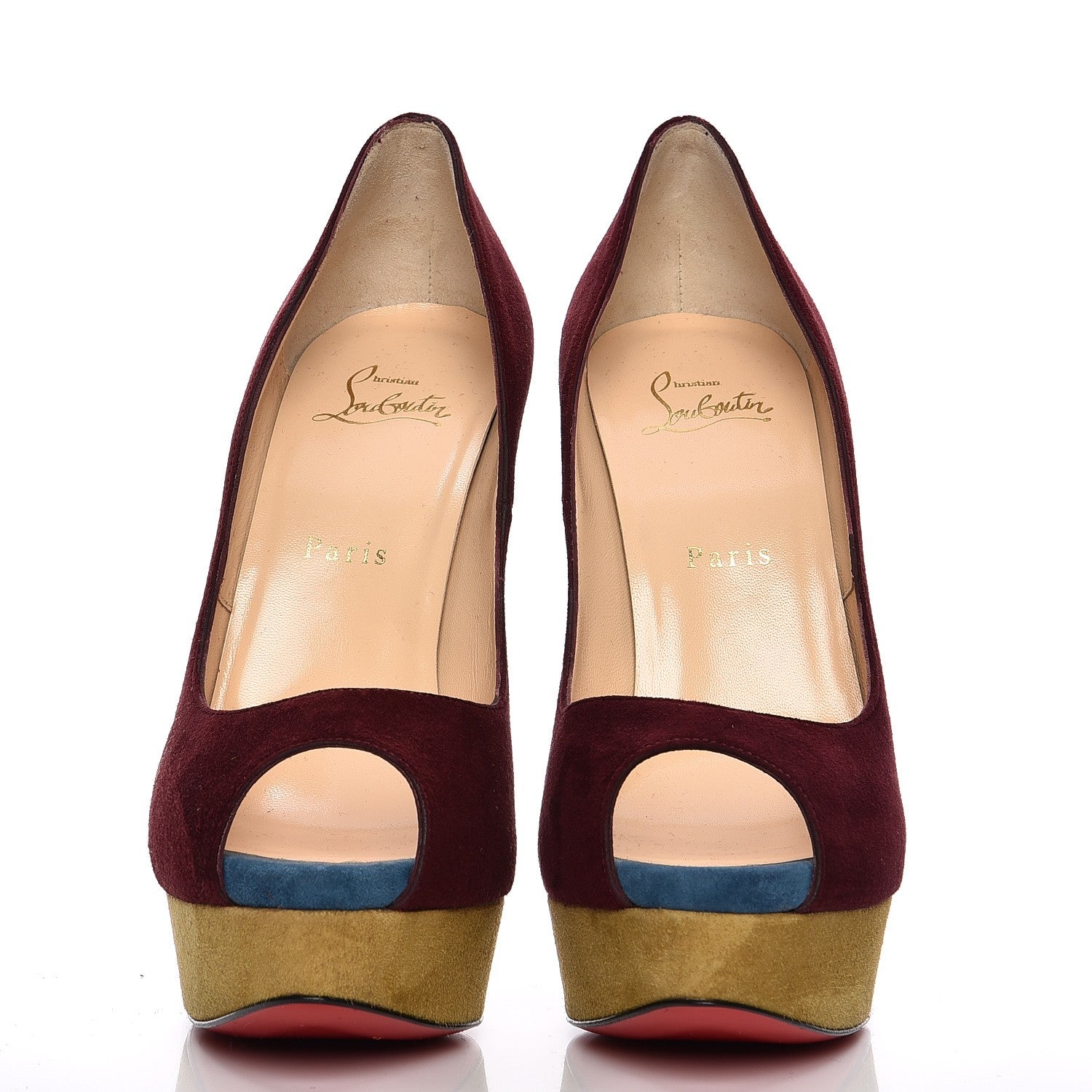 Christian Louboutin Suede Lady Peep 150 Pumps 39 Maroon Turquoise Olive 3 of 8