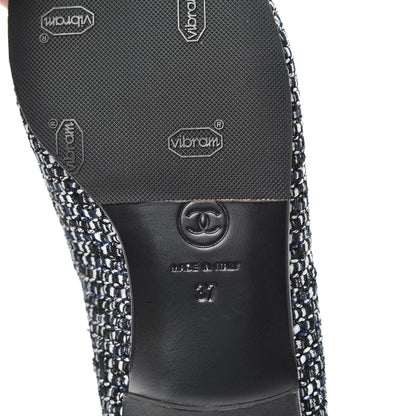 Chanel Tweed Lambskin Cap Toe Chain Moccasin Loafers 37 Dark Grey Blue White 6 of 7