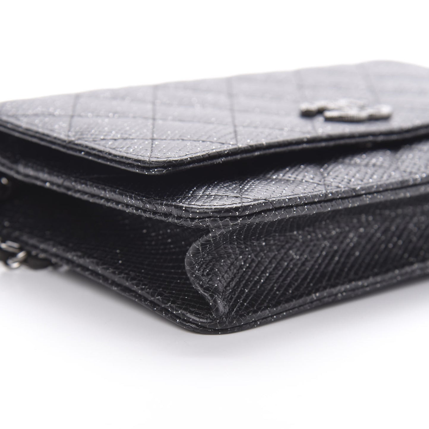 Glitter Calfskin Quilted Wallet on Chain WOC Black Silver