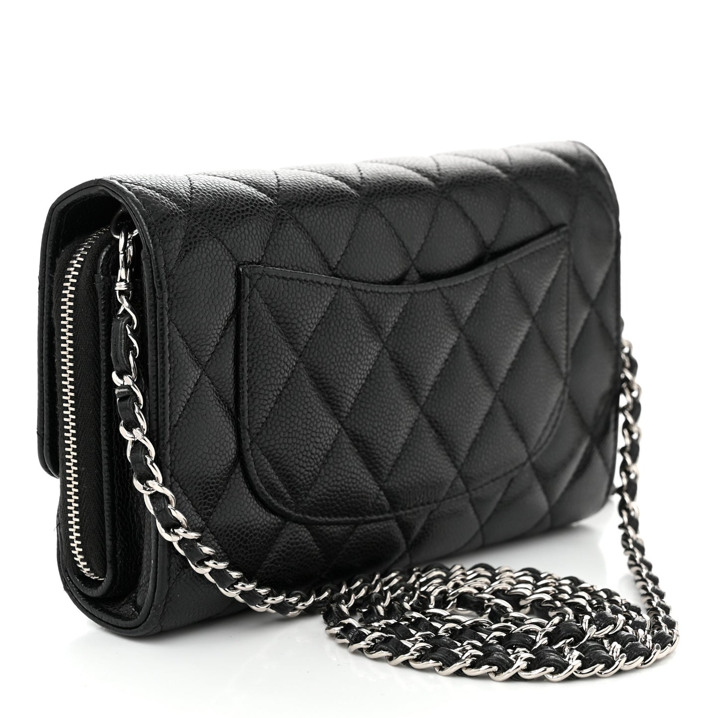 Caviar Quilted Phone Holder Wallet on Removable Chain Black