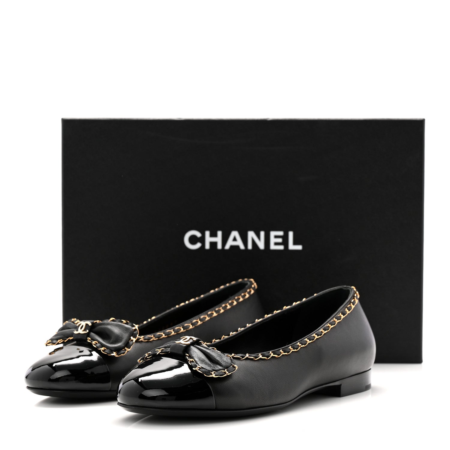 Chanel Lambskin Patent Cap Toe Chain Around Ballerina Flats 36 Black 10 of 10