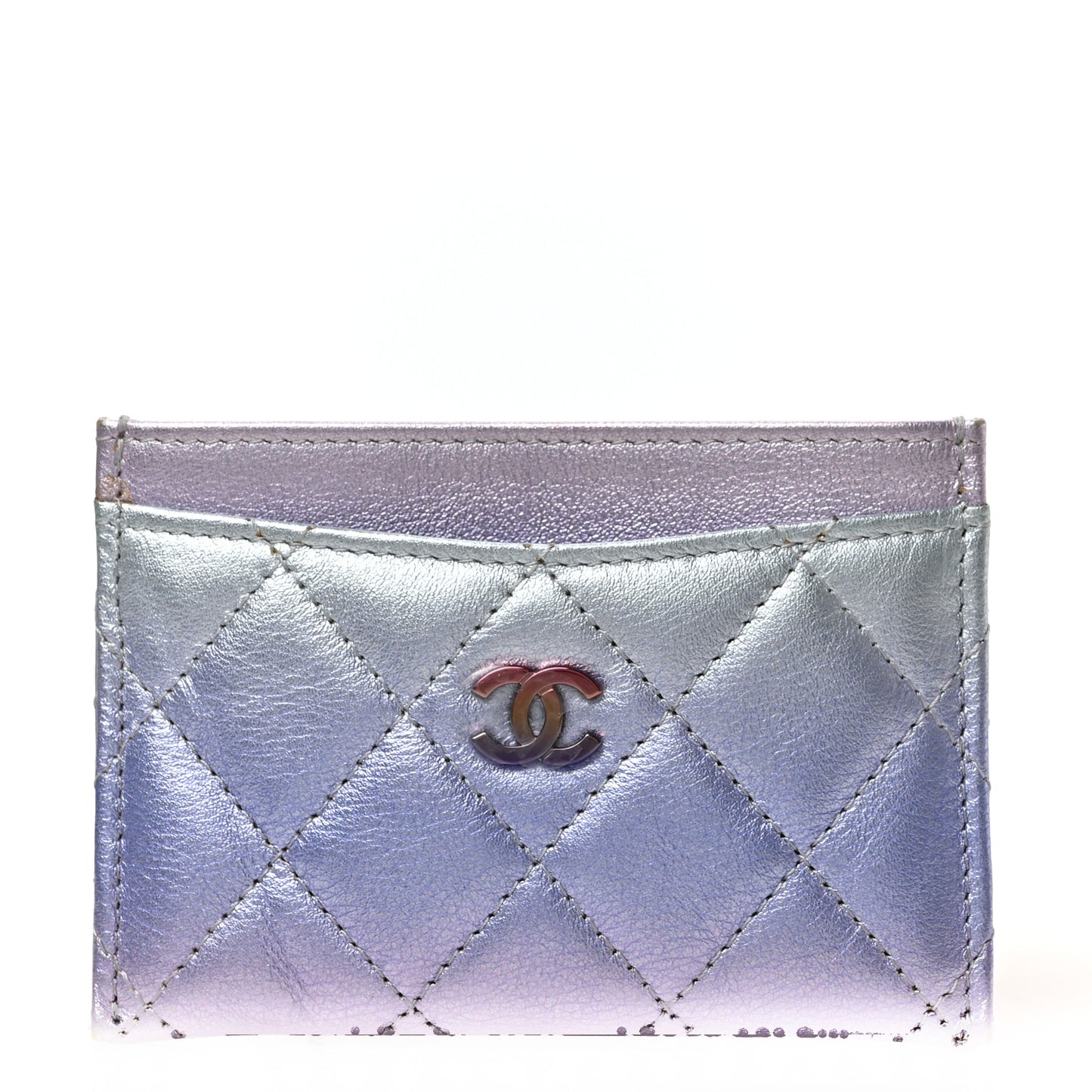 Gradient Metallic Calfskin Quilted Card Holder Silver Blue Yellow Purple