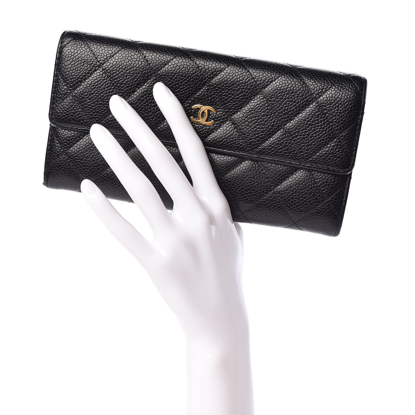 Caviar Quilted Large Gusset Flap Wallet Black