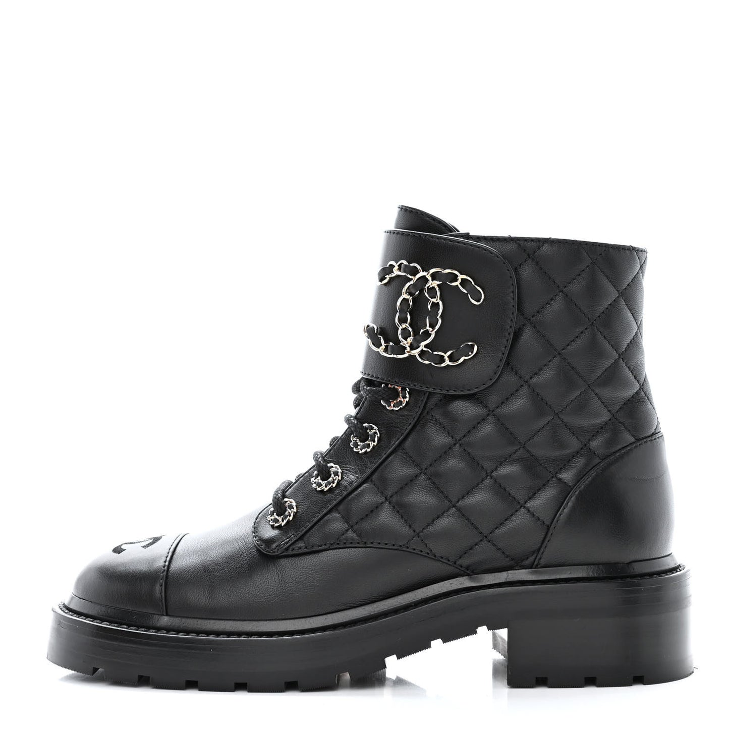 Shiny Lambskin Quilted Lace Up Combat Boots 37 Black