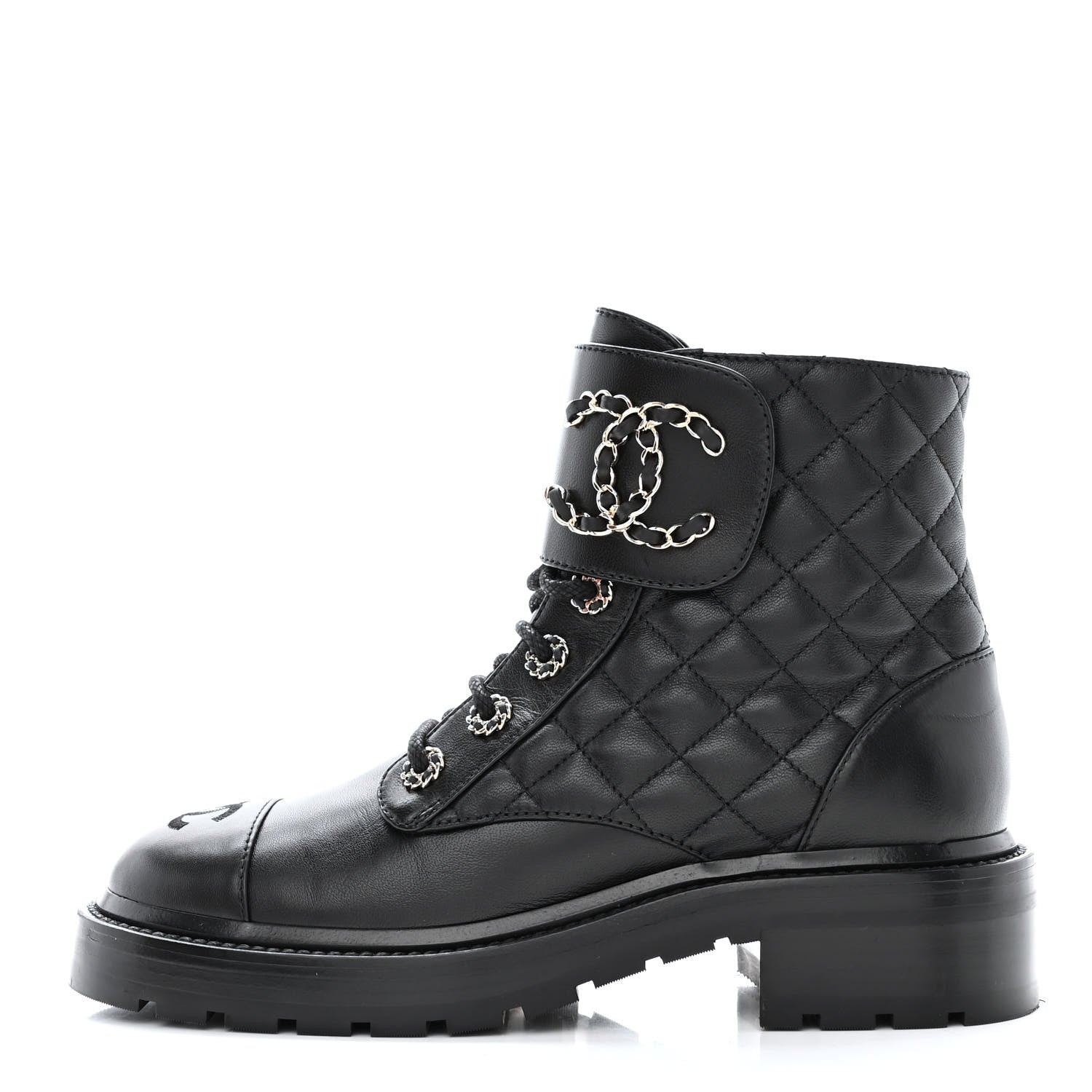 Chanel Shiny Lambskin Quilted Lace Up Combat Boots 37 Black 1 of 8
