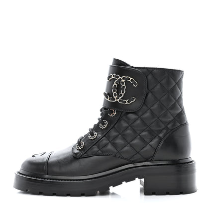 Chanel Shiny Lambskin Quilted Lace Up Combat Boots 37 Black 1 of 8