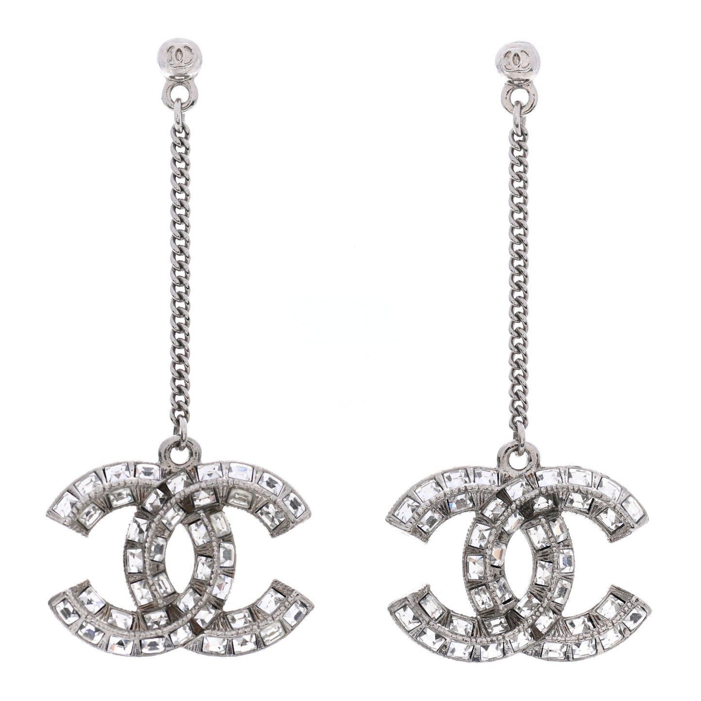 Baguette Crystal CC Drop Earrings Silver