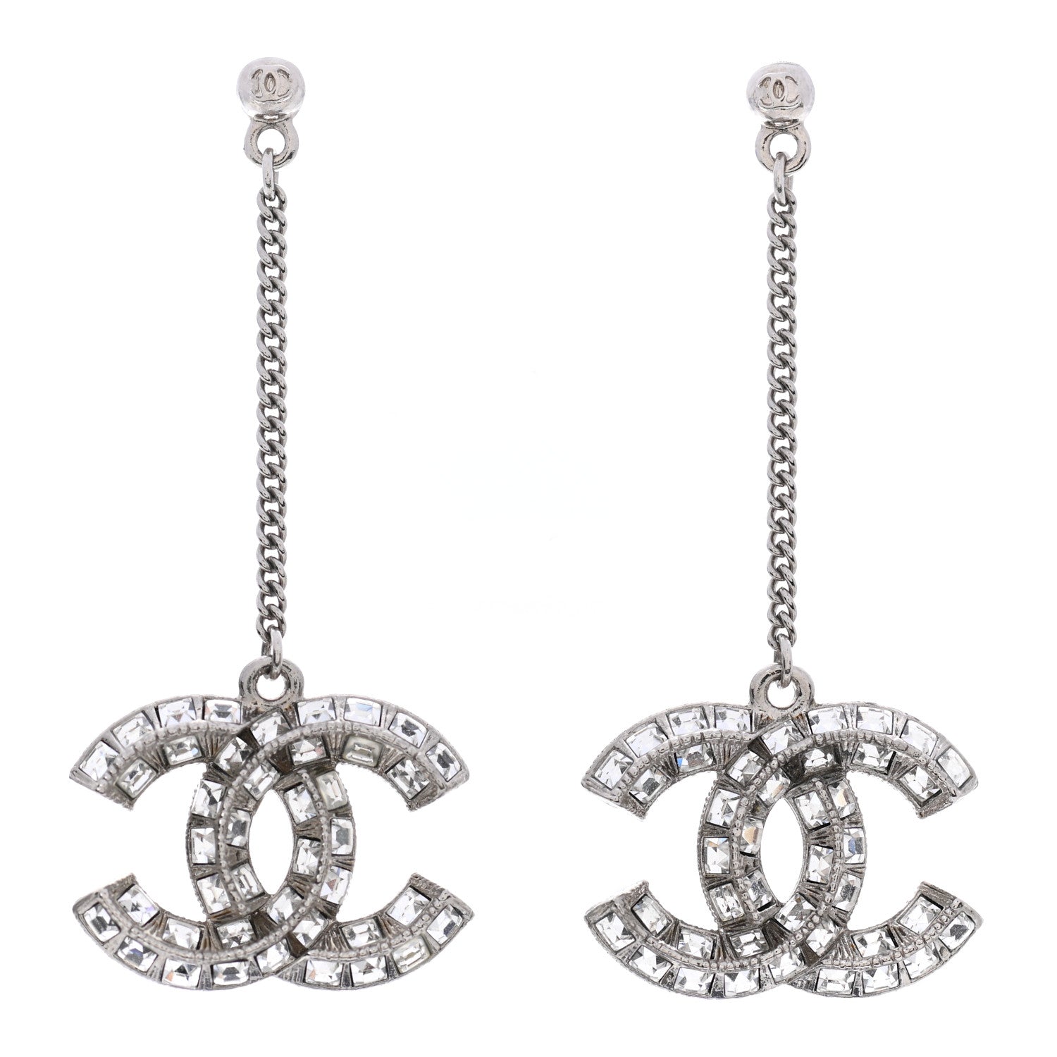 Chanel Baguette Crystal CC Drop Earrings Silver 1 of 4