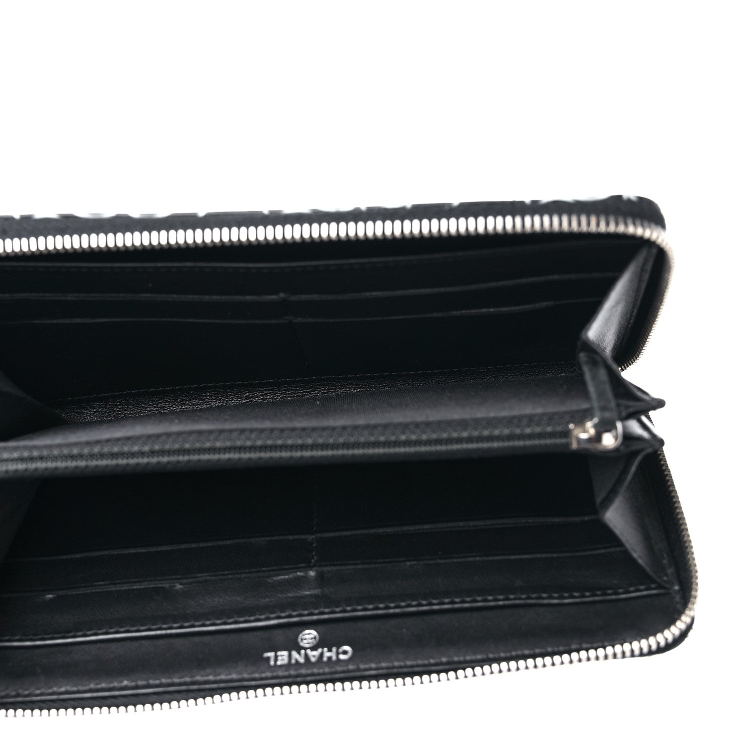 Chanel Lambskin Camellia Embossed Large Zip Around Gusset Wallet Black White 5 of 18