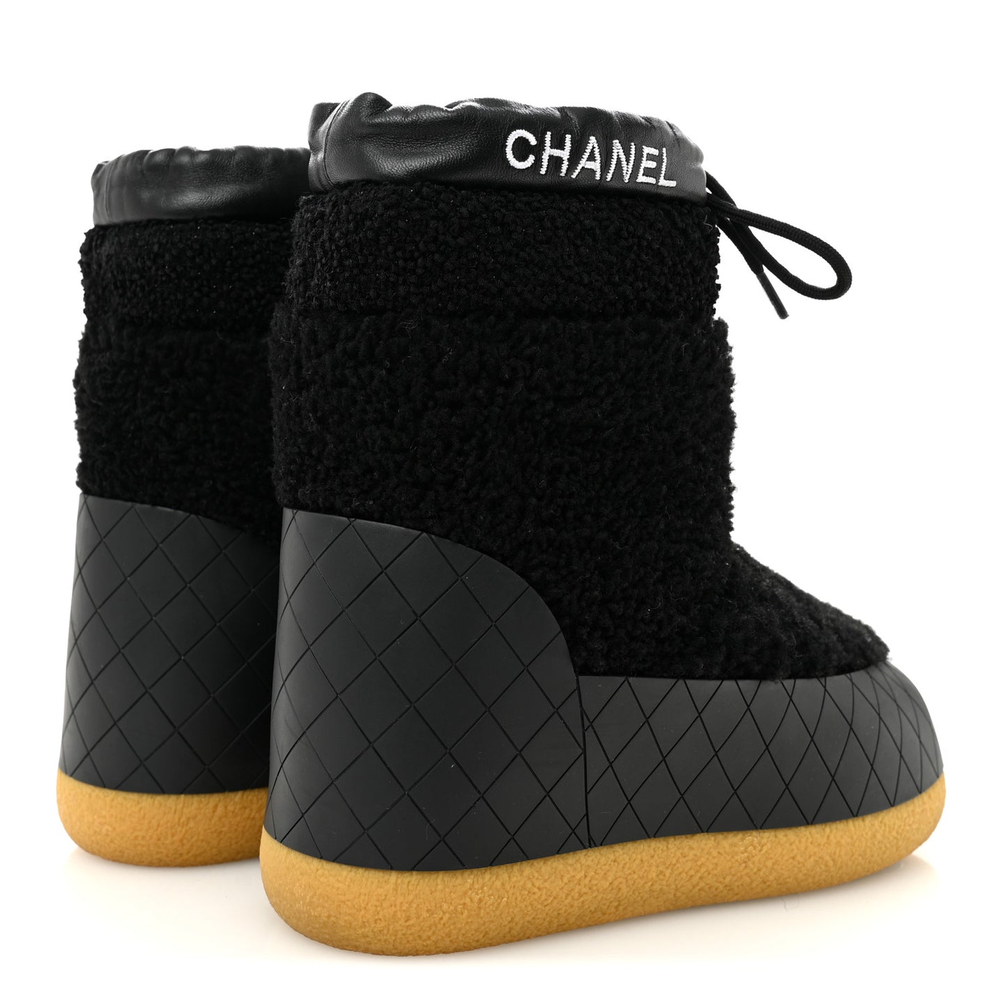 Tweed Shearling Sheepskin Drawstring Snow Ankle Boots 36 Black