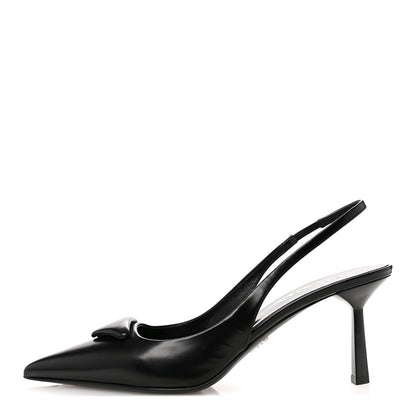 Prada Spazzolato Triangle Logo Pointed Toe 75mm Slingback Pumps  38 Black 1 of 11