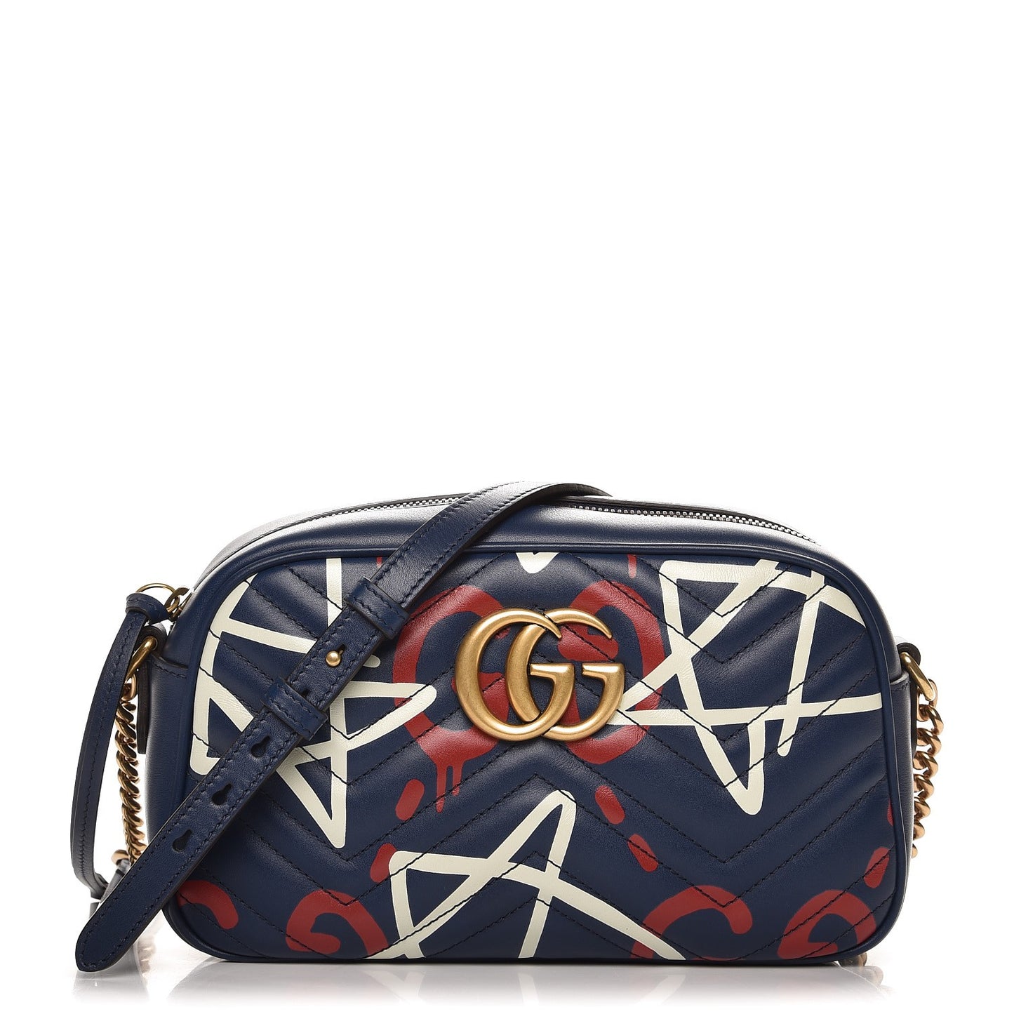Calfskin Matelasse GucciGhost Small GG Marmont Chain Shoulder Bag Blue Agata Hibiscus Red
