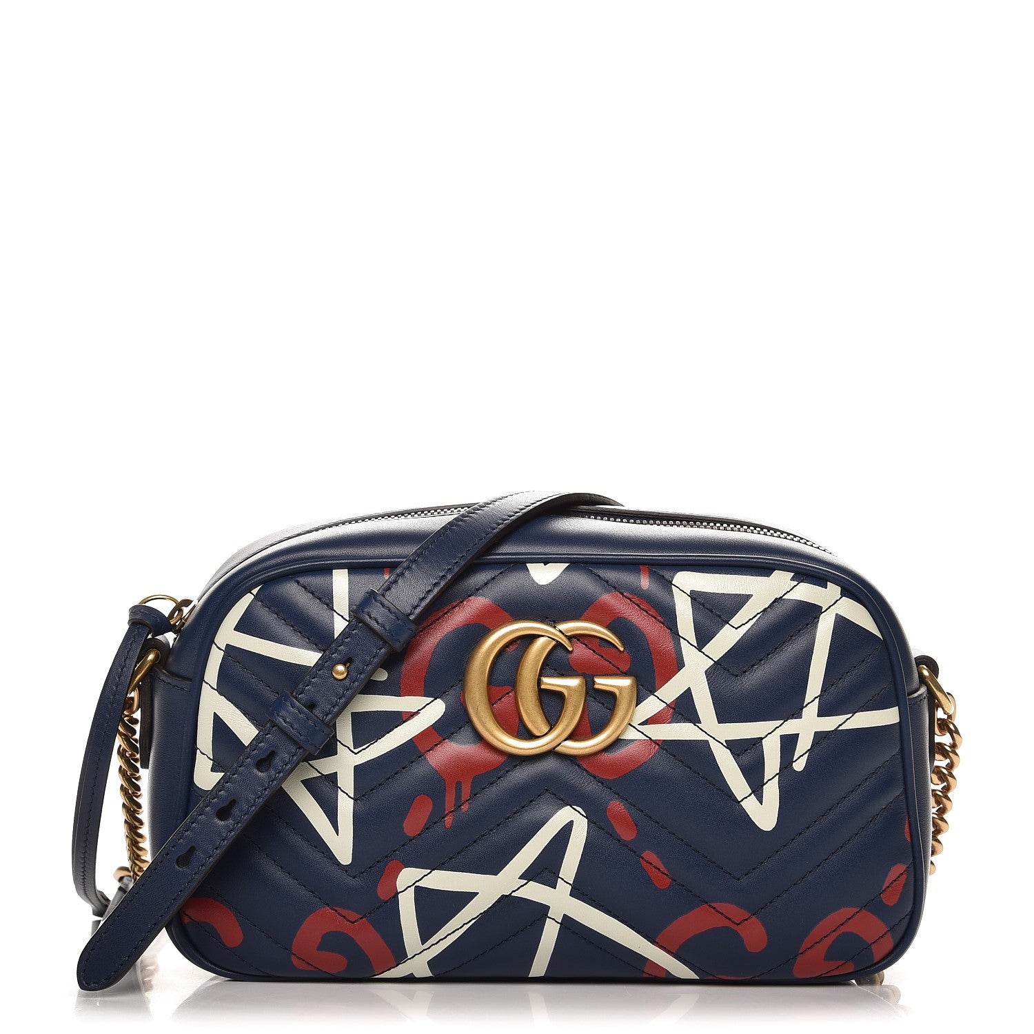 Gucci Calfskin Matelasse GucciGhost Small GG Marmont Chain Shoulder Bag Blue Agata Hibiscus Red 1 of 8