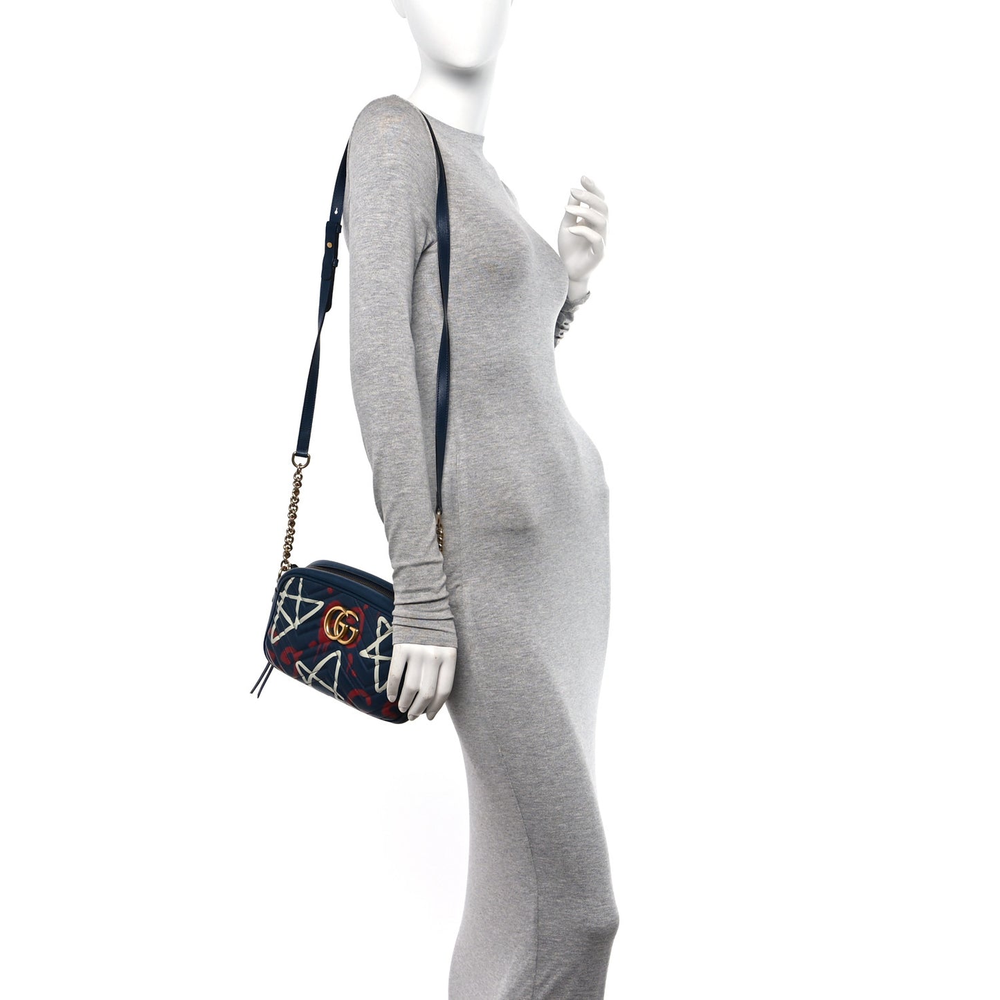 Calfskin Matelasse GucciGhost Small GG Marmont Chain Shoulder Bag Blue Agata Hibiscus Red