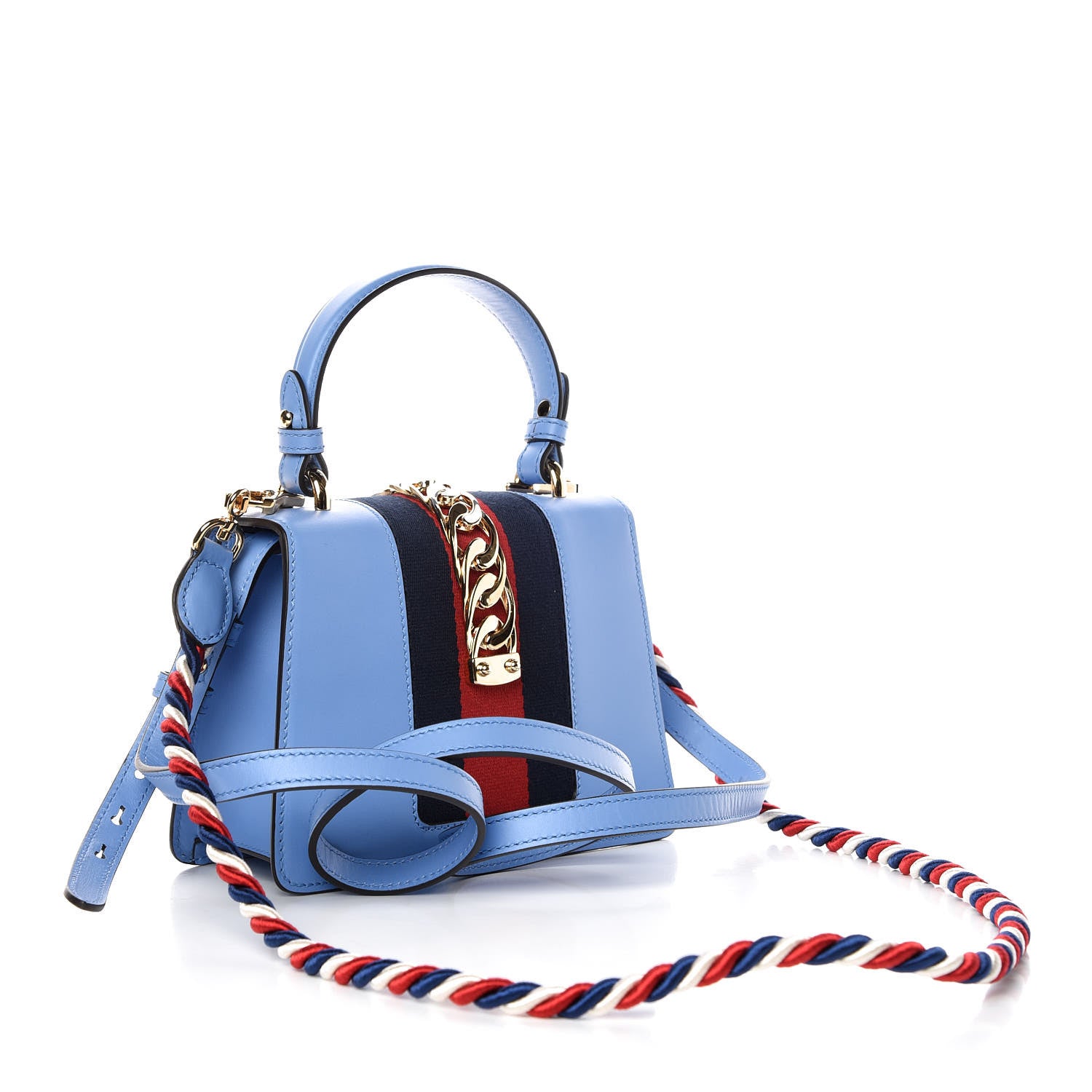 Gucci Vitello Fontanella Web Mini Sylvie Top Handle Bag Clear Sky Blue 5 of 11