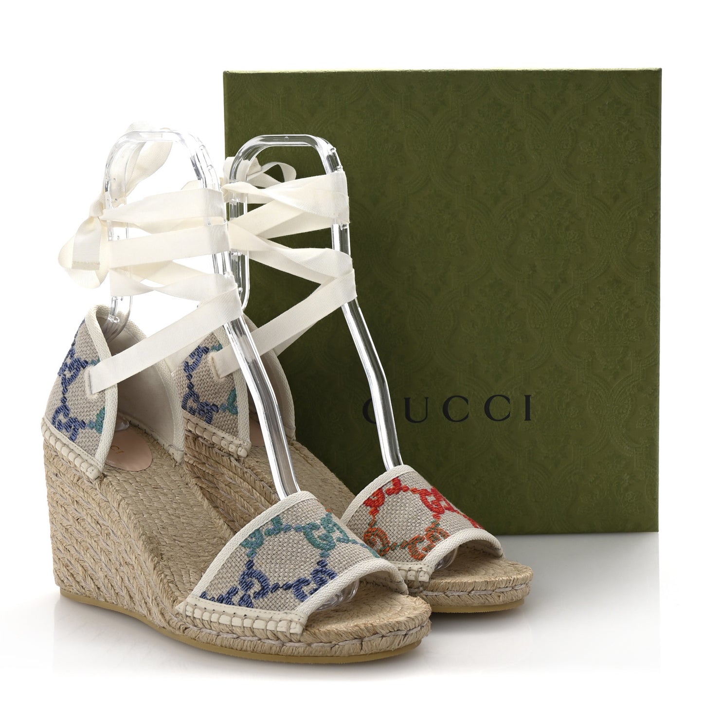 Linen Psychedelic Mini GG Monogram Ankle Wrap Platform Espadrille Wedge Sandals 41 Multicolor Mystic White