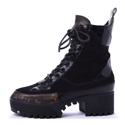 Louis Vuitton Suede Calfskin Monogram Laureate Platform Desert Boots 37 Black 1 of 10