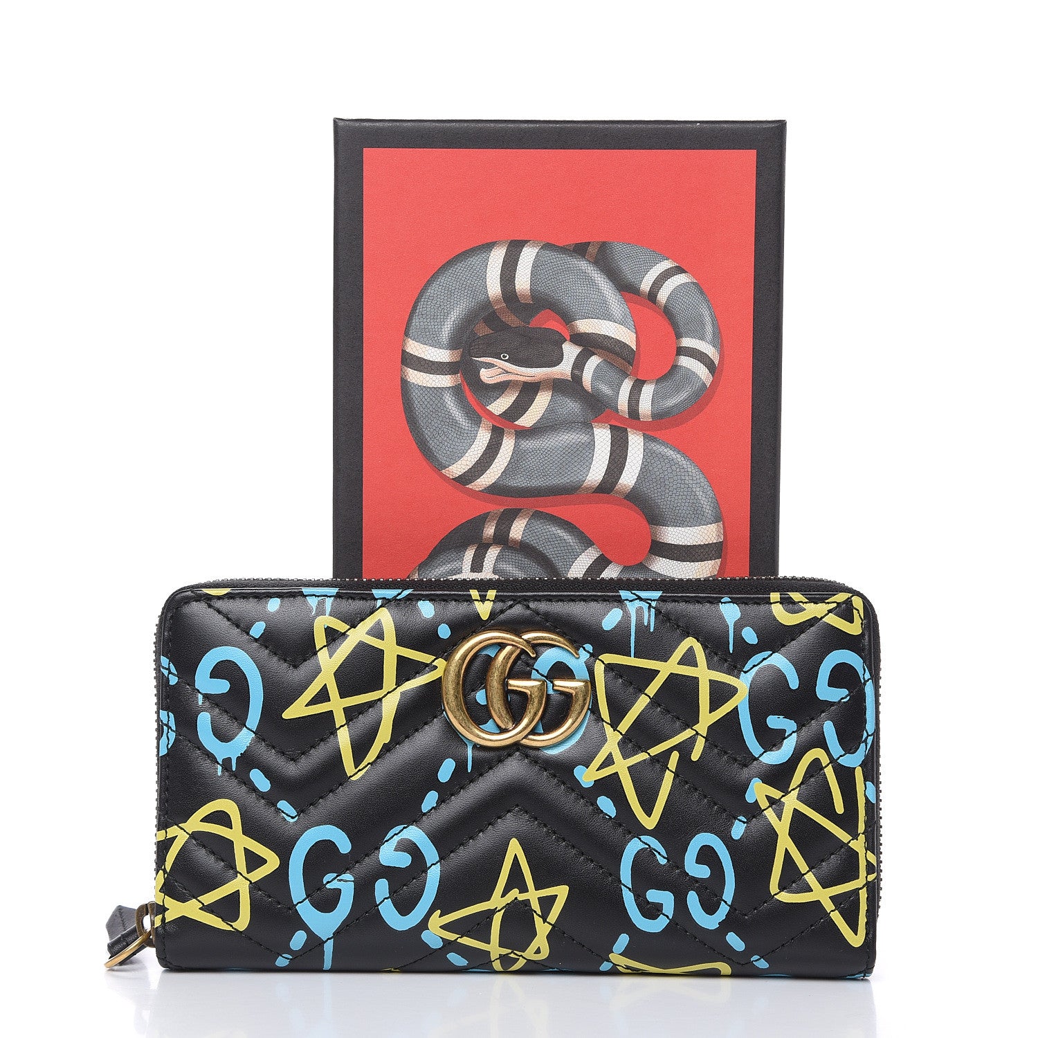 Gucci Calfskin Matelasse GucciGhost GG Marmont Zip Around Wallet Black New Acquamarine 9 of 9