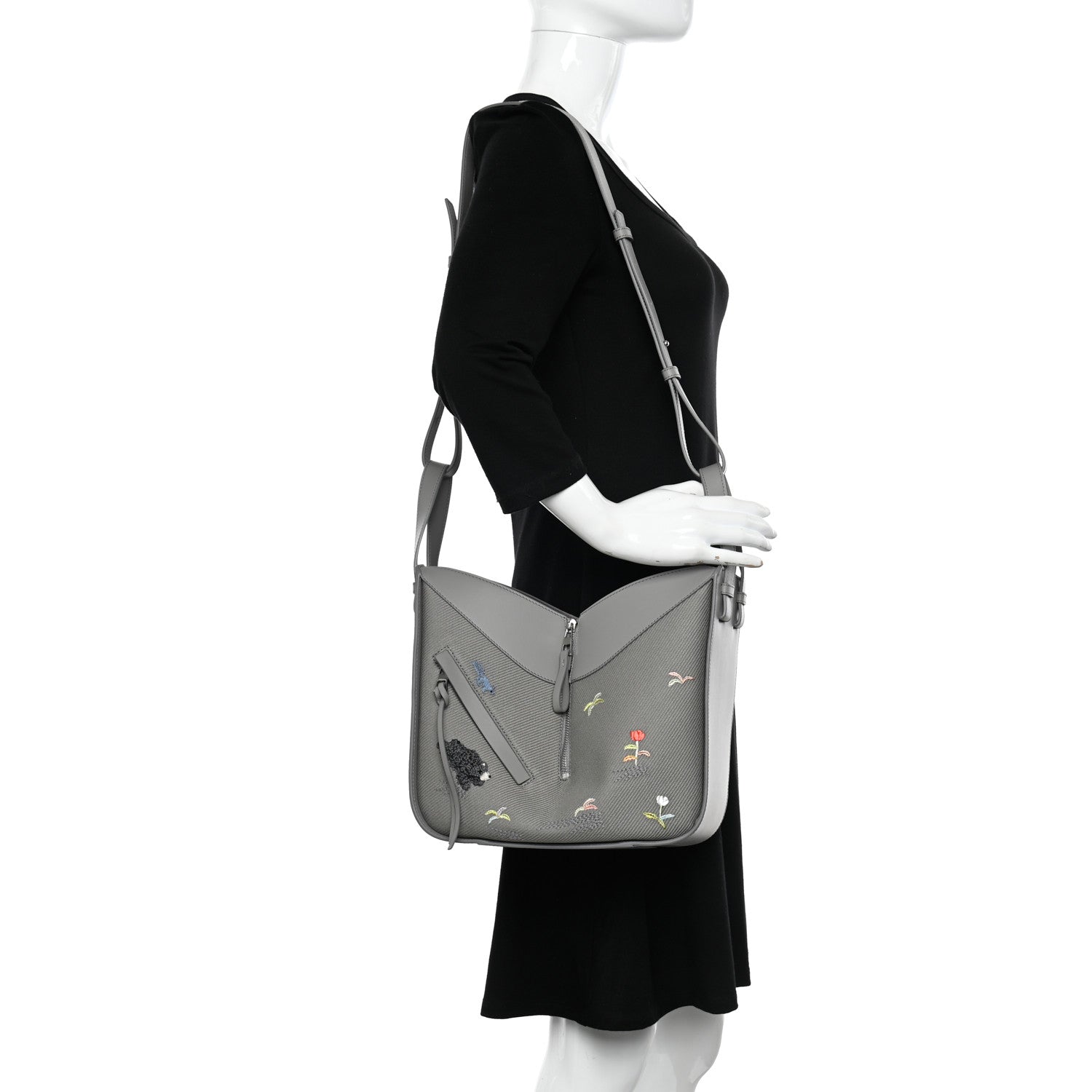 Loewe X SUNA FUJITA Satin Calfskin Canvas Embroidered Hammock Shoulder Bag Grey 2 of 10