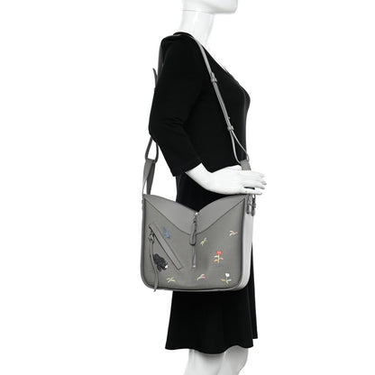 Loewe X SUNA FUJITA Satin Calfskin Canvas Embroidered Hammock Shoulder Bag Grey 2 of 10