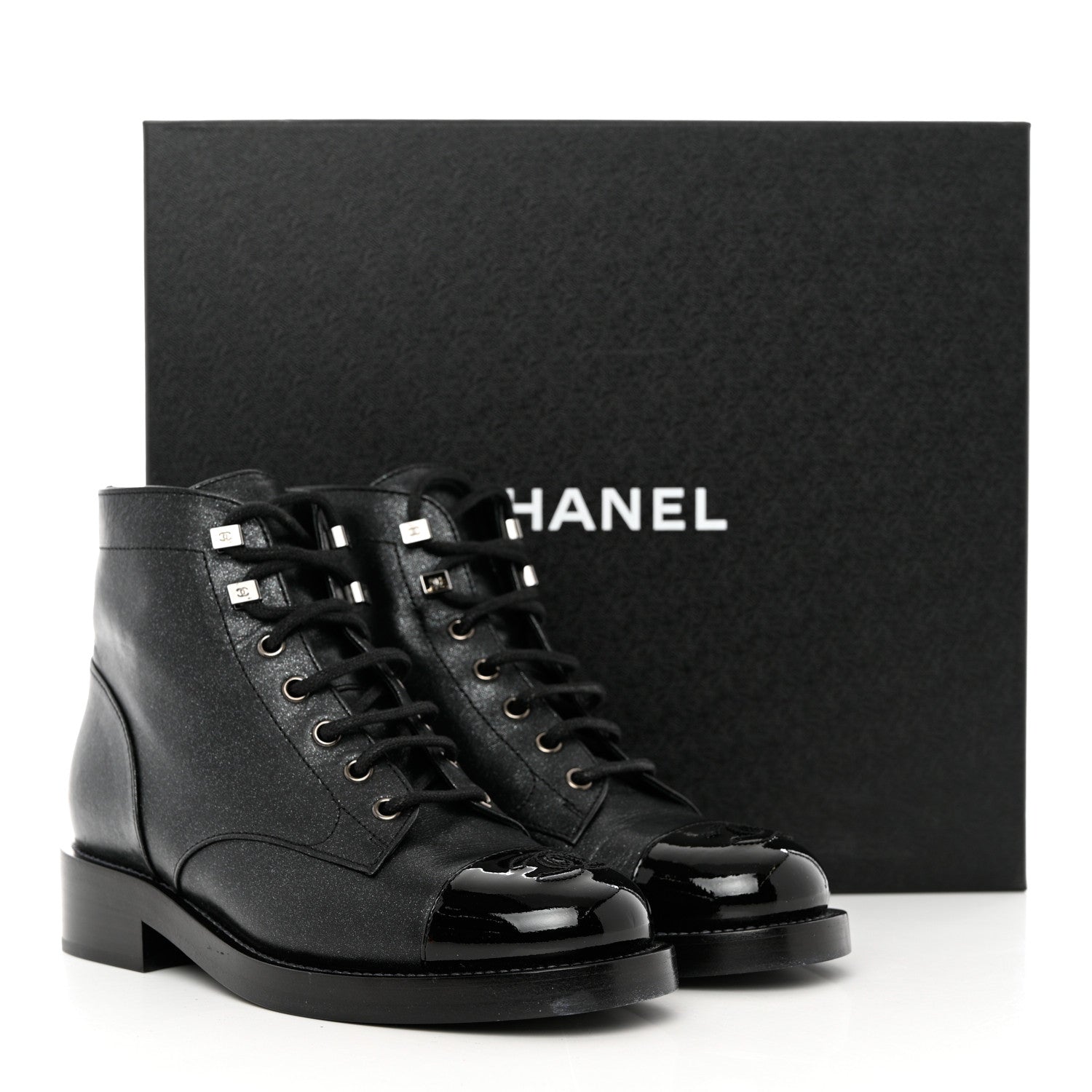 Chanel Iridescent Calfskin Patent Cap Toe Combat Boots 36.5 Black 10 of 10