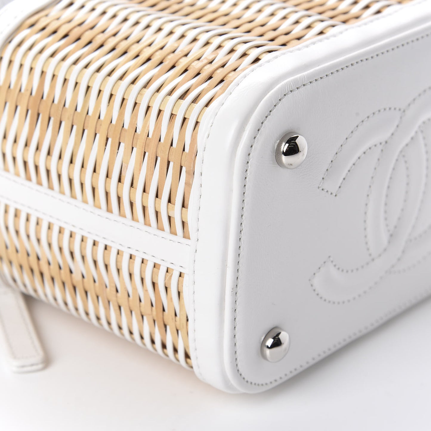 Calfskin Raffia Small Vanity Case Bag White Beige