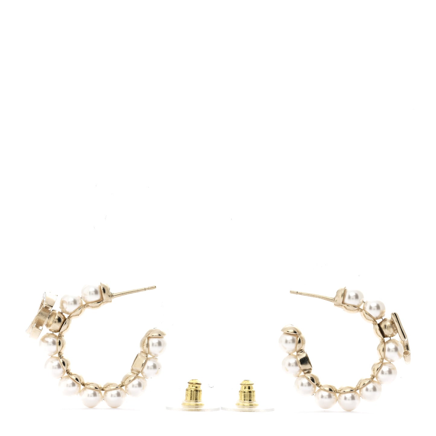 Crystal Pearl CC Hoop Earrings Gold White