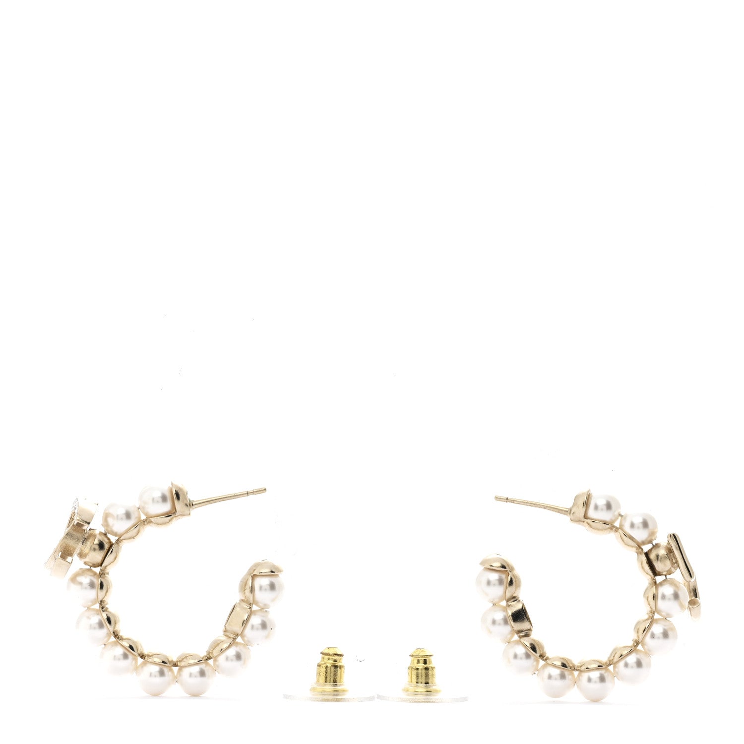 Chanel Crystal Pearl CC Hoop Earrings Gold White 3 of 4