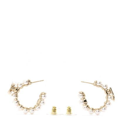 Chanel Crystal Pearl CC Hoop Earrings Gold White 3 of 4