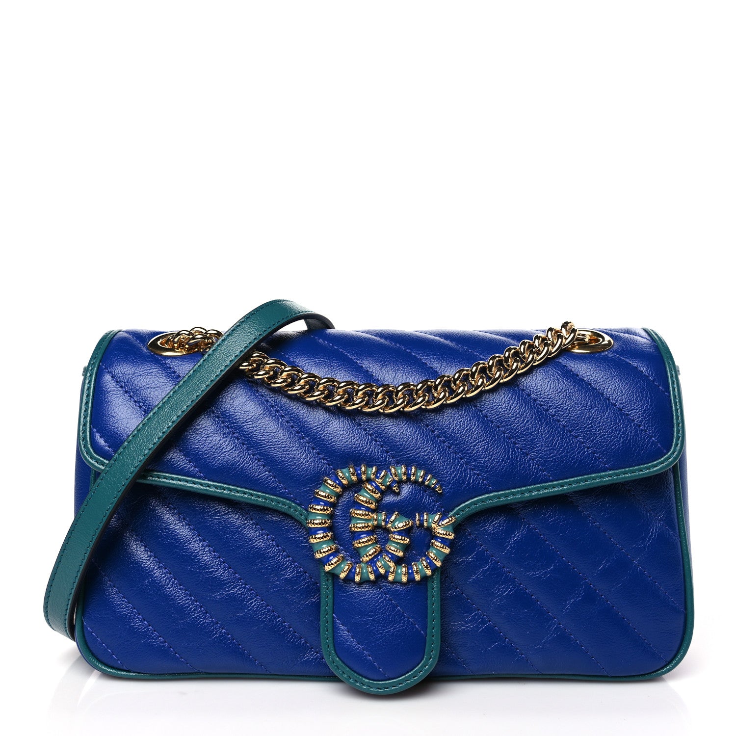 Gucci Azalea Calfskin Enamel Matelasse Diagonal Small Torchon GG Marmont Shoulder Bag Imperial Blue Pavone 1 of 9