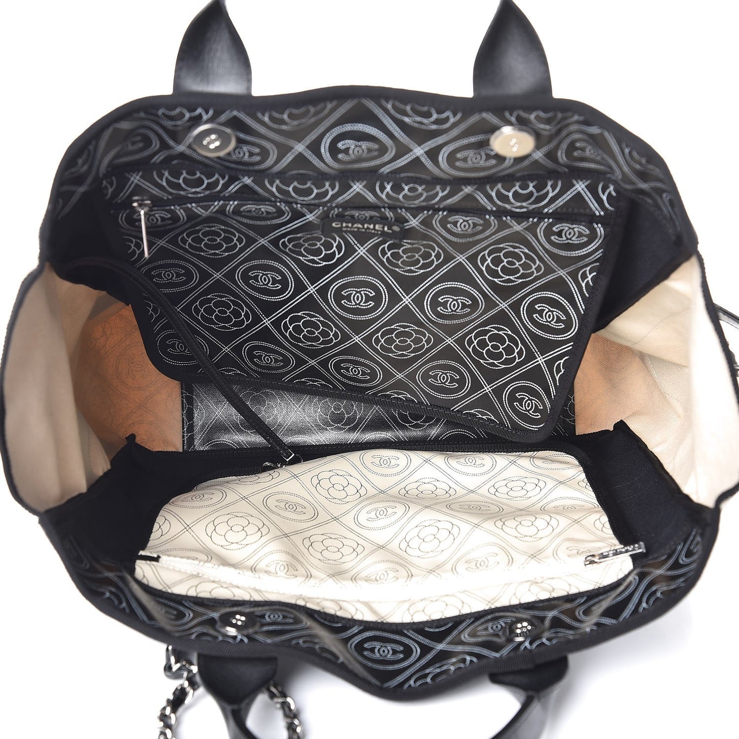 Coated Canvas Camellia Medium Shopping Tote Black Beige
