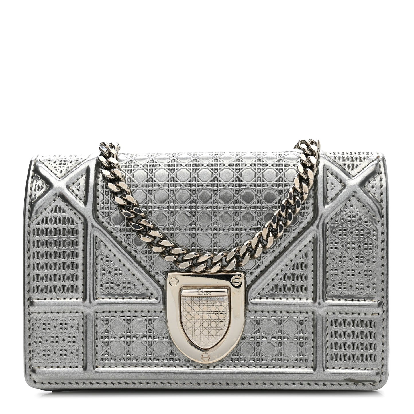 Metallic Patent Micro-Cannage Baby Diorama Flap Bag Silver