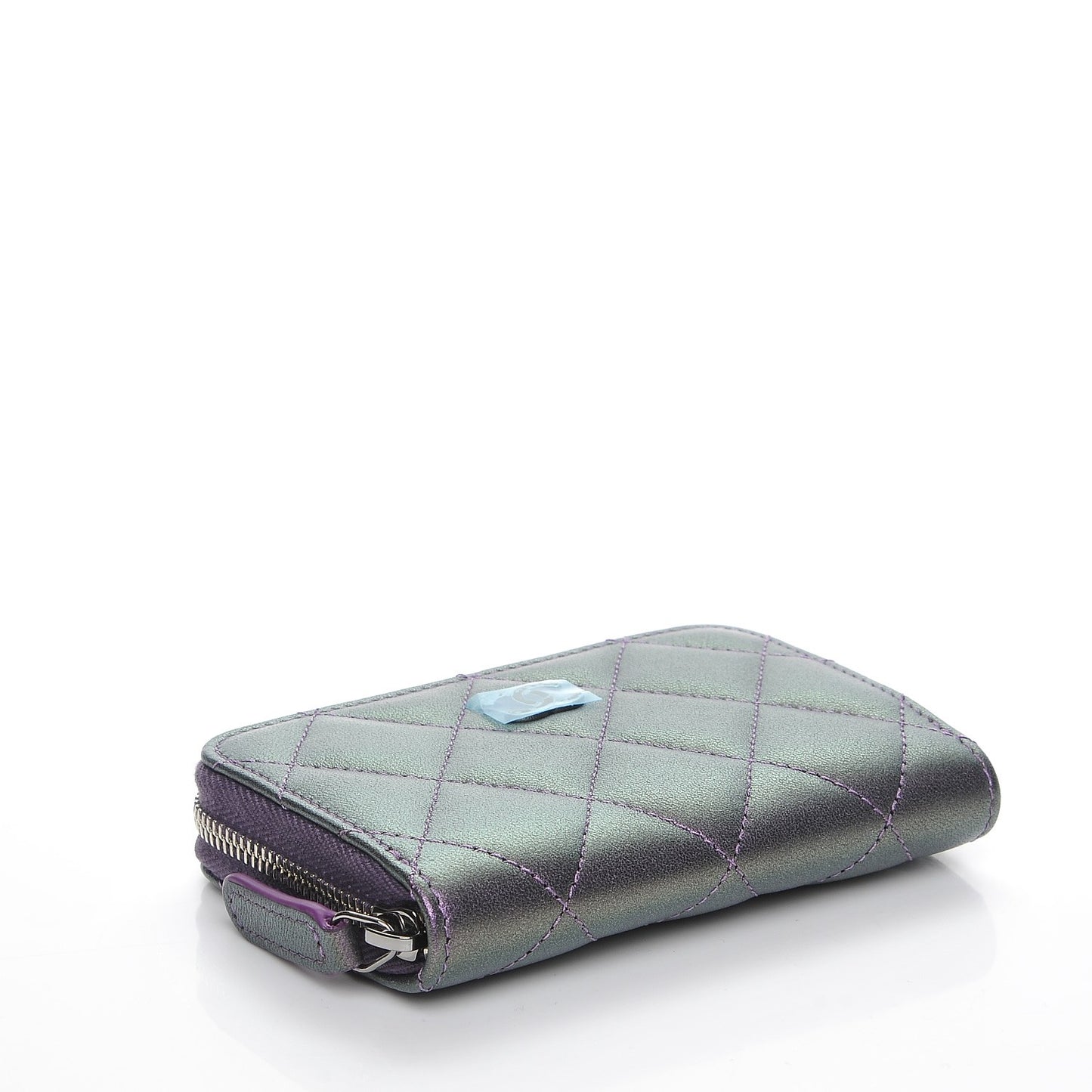 Metallic Lambskin Quilted Zip Around Coin Purse Wallet Dark Purple
