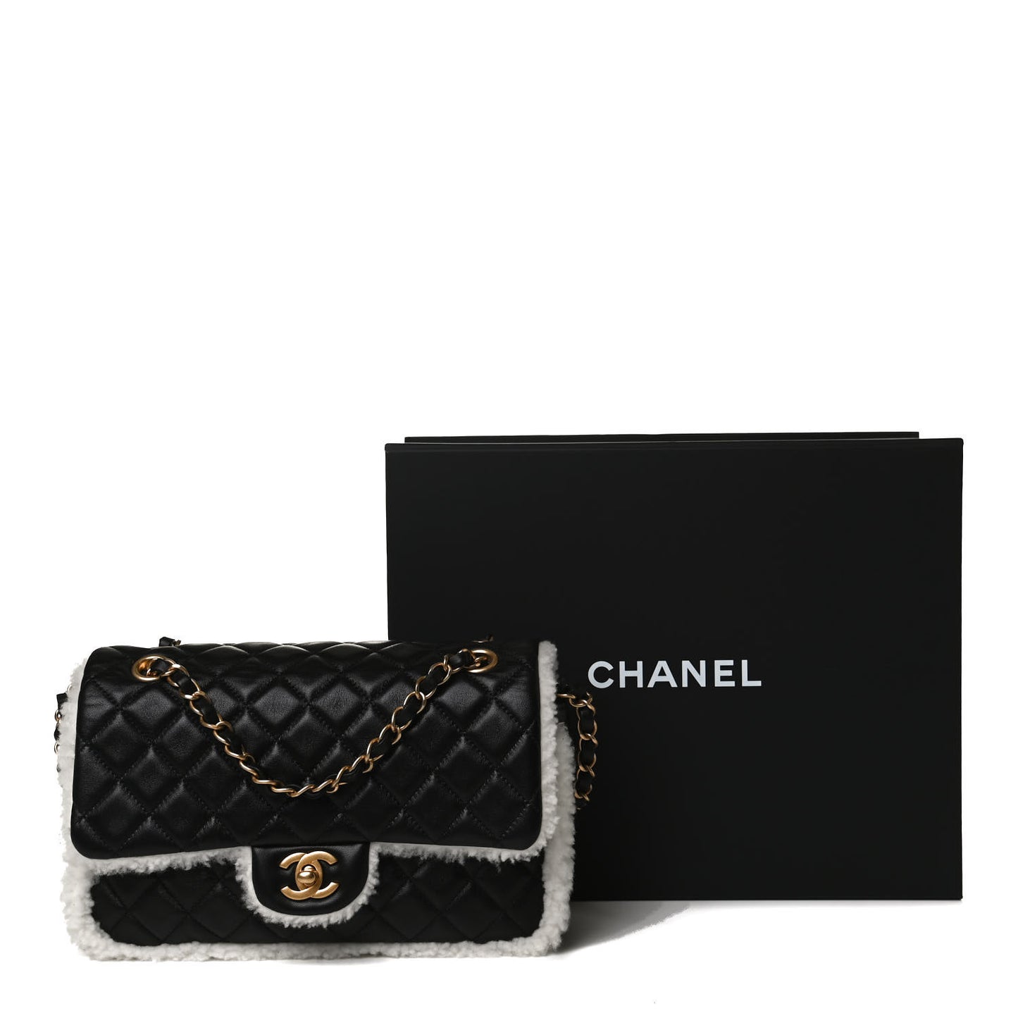 Lambskin Shearling Large CC Flap Bag Black White