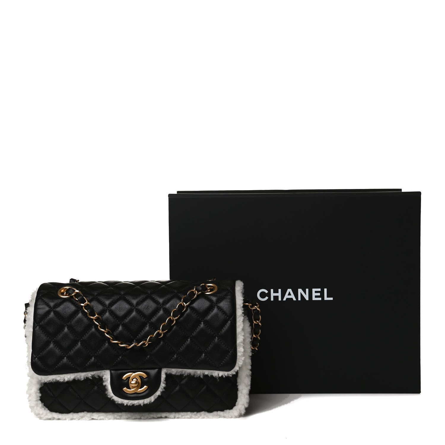 Chanel Lambskin Shearling Large CC Flap Bag Black White 14 of 14