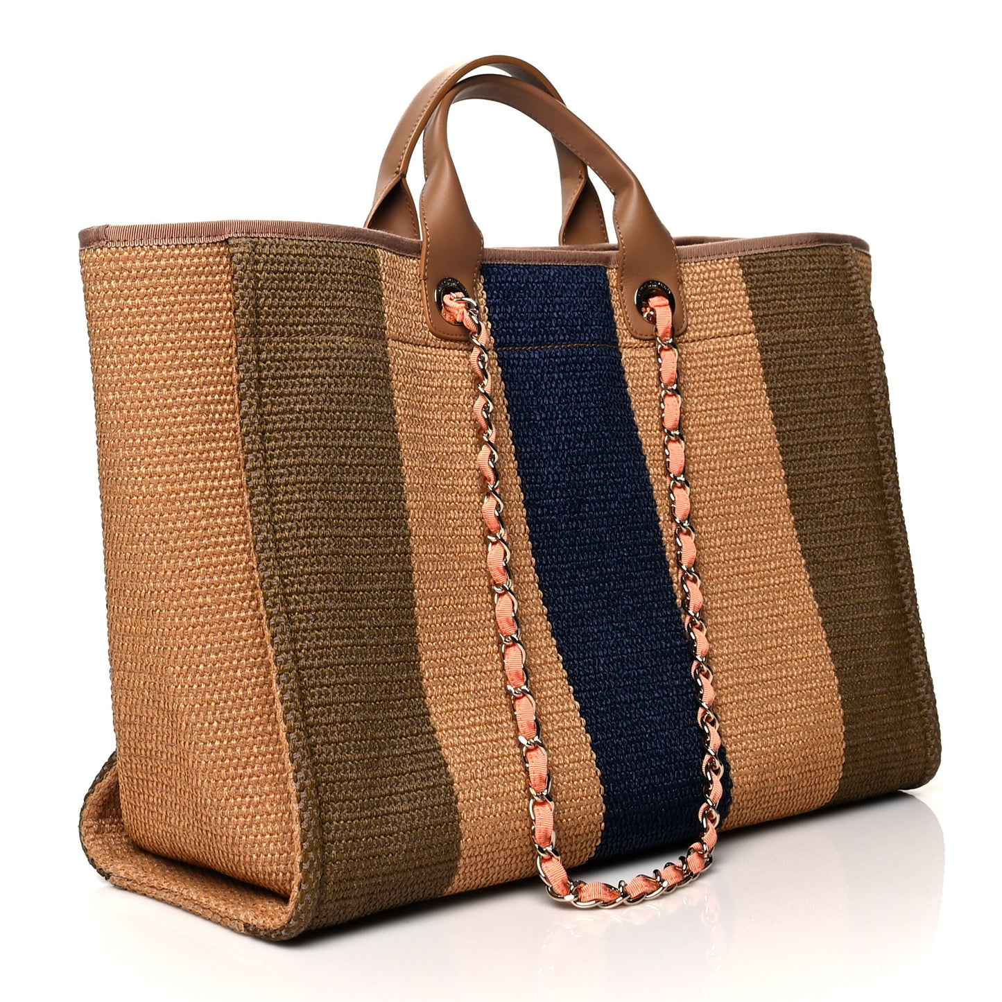 Straw Raffia Calfskin Striped Large Deauville Tote Khaki Beige Navy