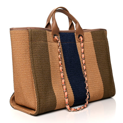 Chanel Straw Raffia Calfskin Striped Large Deauville Tote Khaki Beige Navy 3 of 10