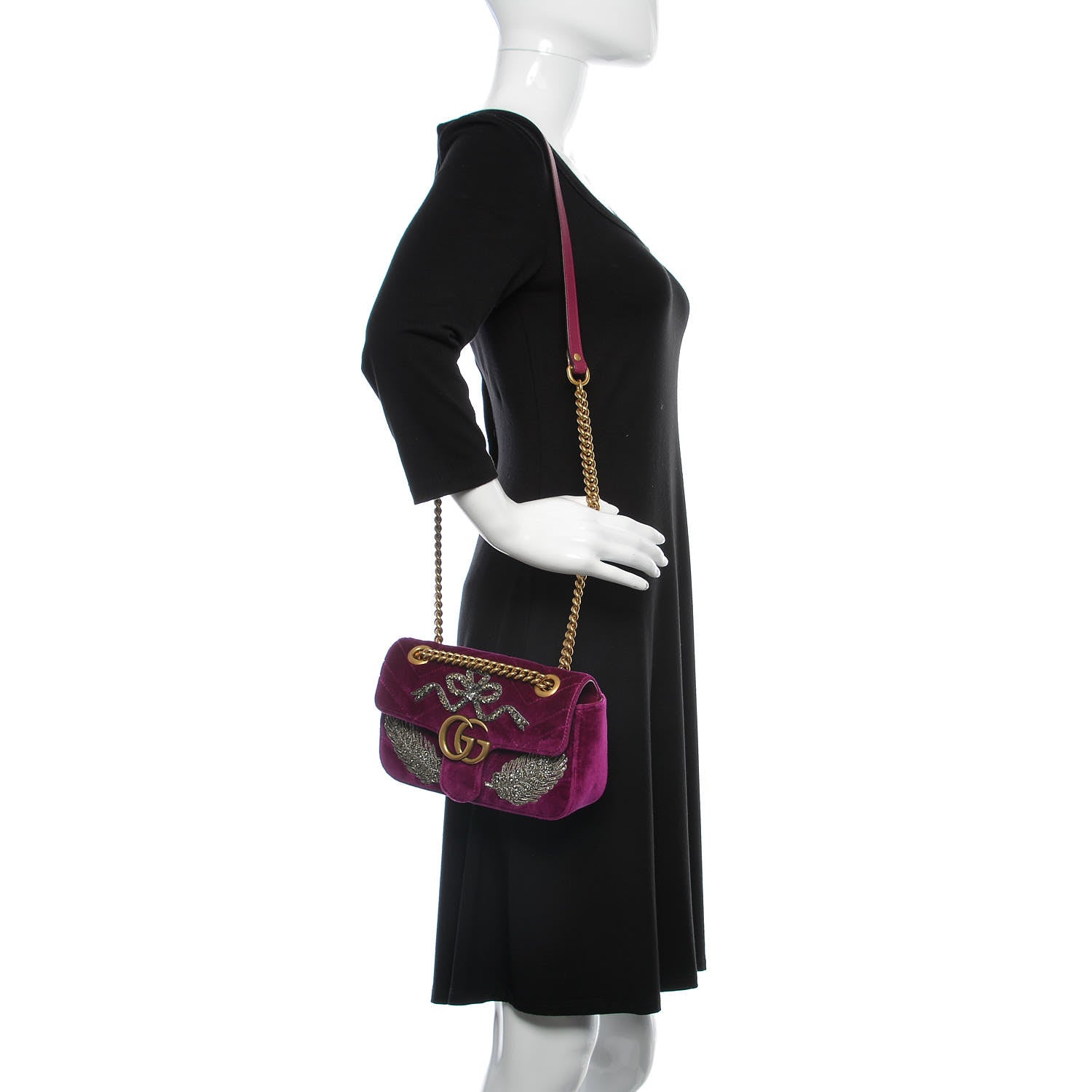 Gucci Velvet Matelasse Embroidered Mini GG Marmont Shoulder Bag Bordeaux 2 of 9