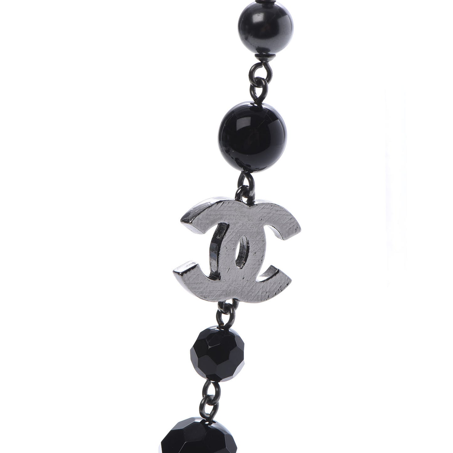 Pearl Beaded CC Long Necklace Silver Black