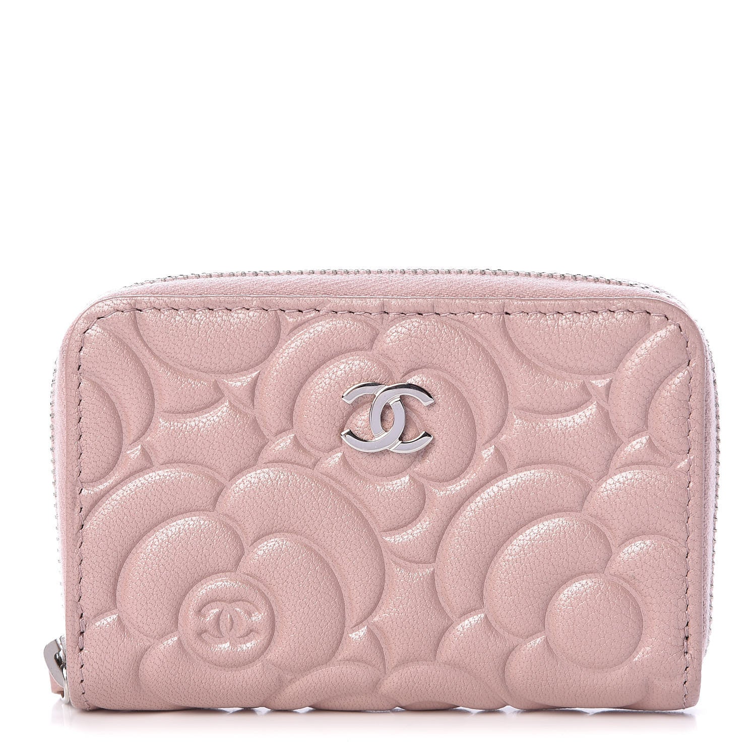 Chanel Goatskin Camellia Embossed Zip Coin Purse Pink 1 of 8