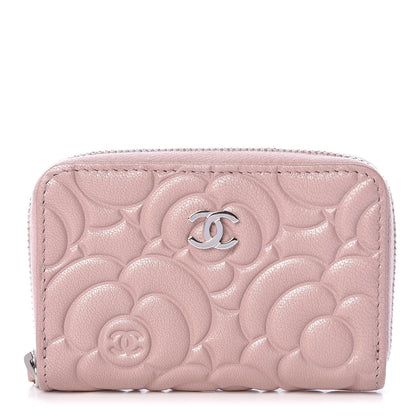 Chanel Goatskin Camellia Embossed Zip Coin Purse Pink 1 of 8