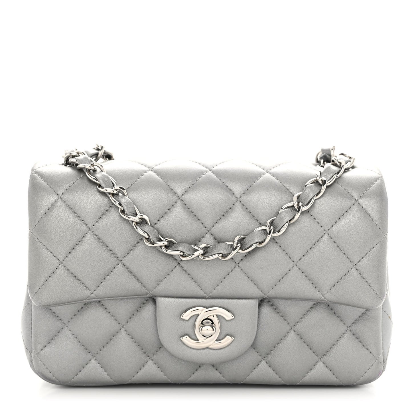Metallic Lambskin Quilted Mini Rectangular Flap Silver
