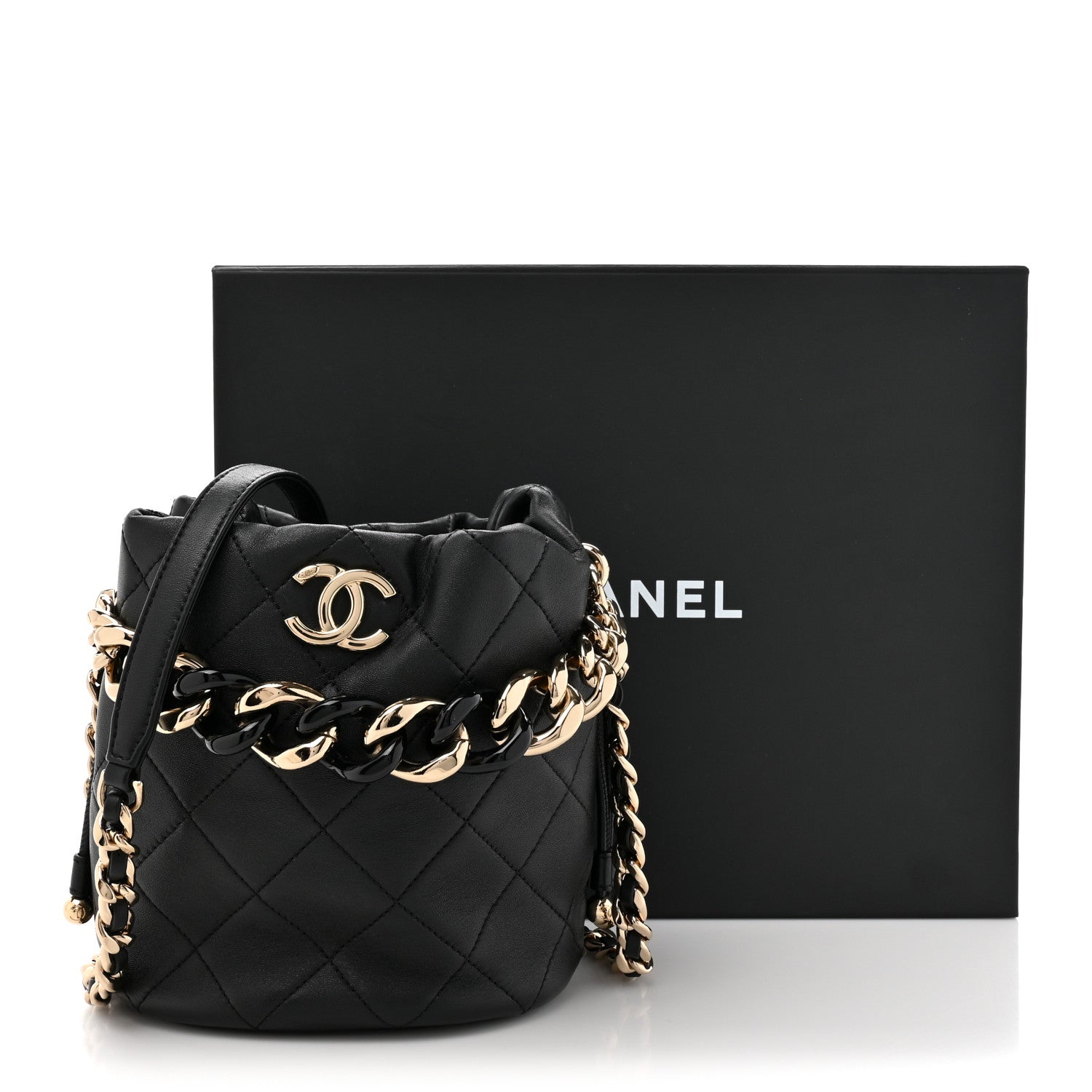 Chanel Lambskin Quilted Resin Bi-Color Chain Bucket Bag Black 11 of 11
