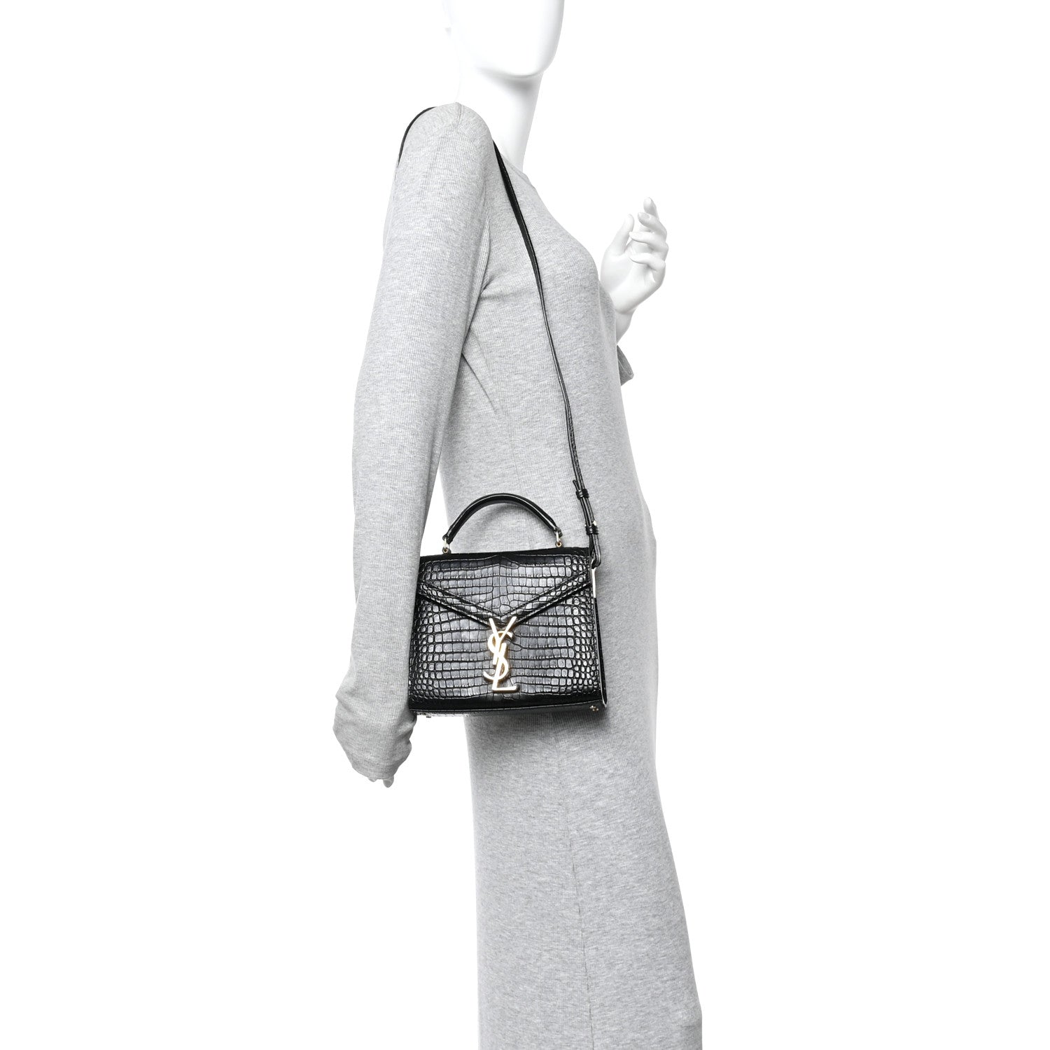 Saint Laurent Calfskin Crocodile Embossed Mini Classic Monogram Cassandra Top Handle Black 2 of 14