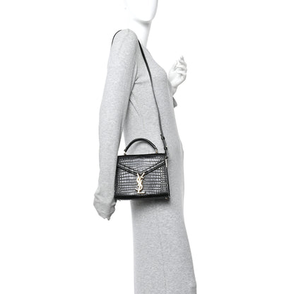 Saint Laurent Calfskin Crocodile Embossed Mini Classic Monogram Cassandra Top Handle Black 2 of 14