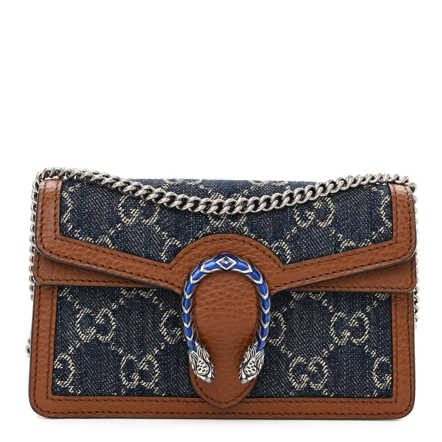 Gucci New Denim GG Monogram Dollar Calfskin Enamel Super Mini Dionysus Shoulder Bag Blue Tea Cuir Epilog Electric Blue 1 of 10