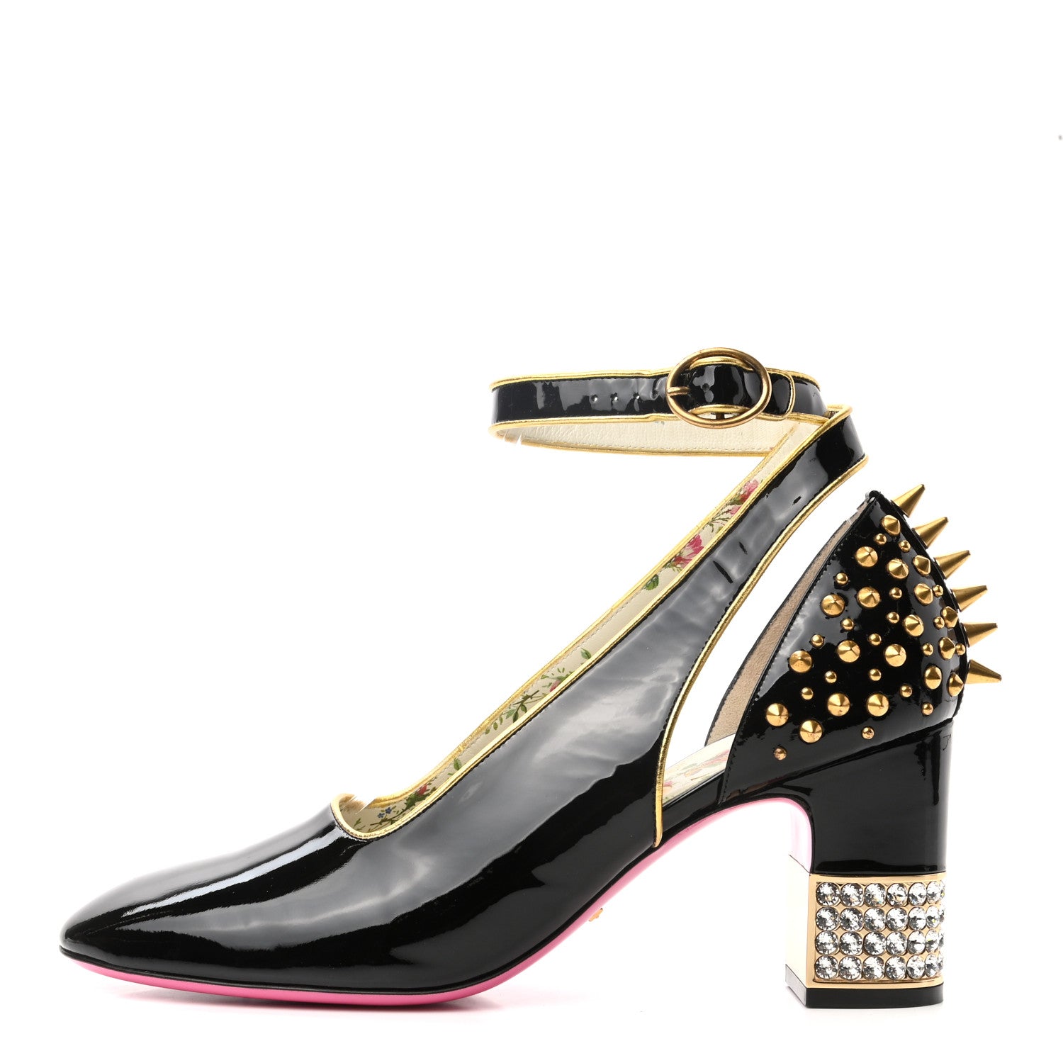Gucci Patent Studded Crystal Block-Heel Pumps 39.5 Black Gold 1 of 9